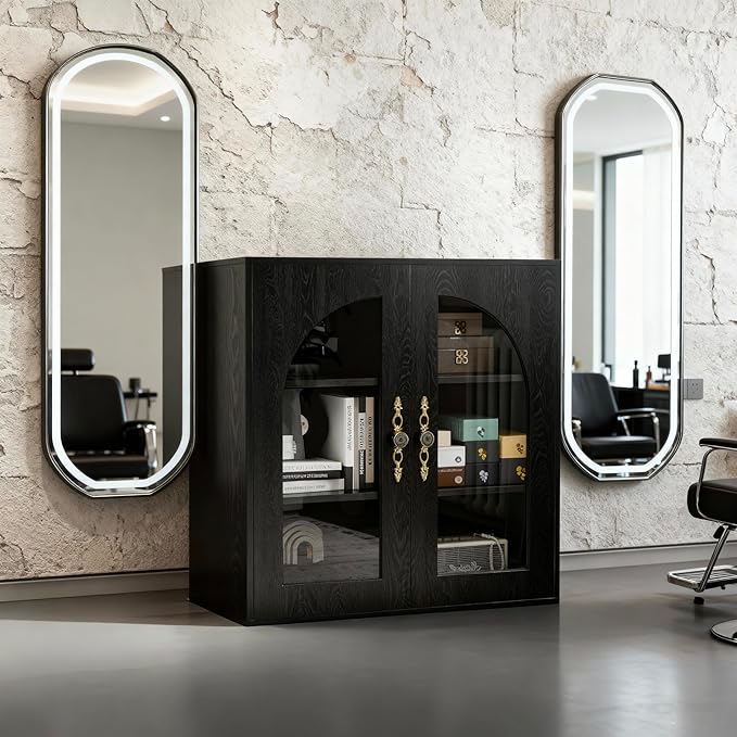 3-Layers Salon Station Free Standing Cabinet, Hair Styling Stations Salon Furniture w/Glass Doors, Bronzed Metal Handles, Wood Grains Surface, Barber Table Hair Salon Furniture（Black）