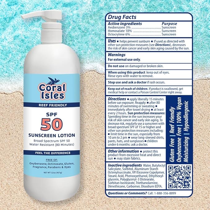 Coral Isles by Rocky Mountain Sunscreen | SPF 50 Lotion | Broad Spectrum UVA/UVB Protection | Hawaii Reef-Safe Act Compliant | Oxybenzone & Octinoxate Free | Water Resistant 80 Min. | 32 Fl Oz