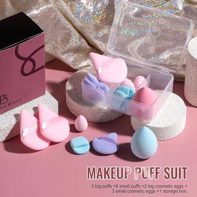 Makeup Sponge Set BS-MALLTriangle Puff 14 Pcs for Liquid, Cream, and Powder, Multi-colored Makeup Sponges and Mini Makeup Sponge (F-PinkBlue)