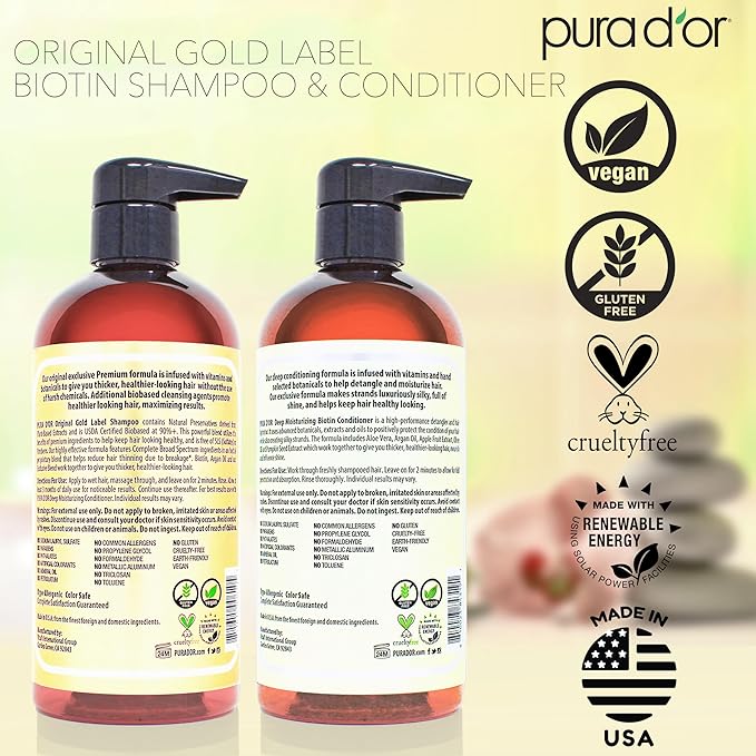 PURA D'OR Anti-Thinning Biotin Shampoo & Conditioner Gold Label Set (16oz x2) Natural Botanical Scent – CLINICALLY TESTED Stronger-Feeling, Thicker-Looking Hair, Volume & Less Breakage – Men & Women