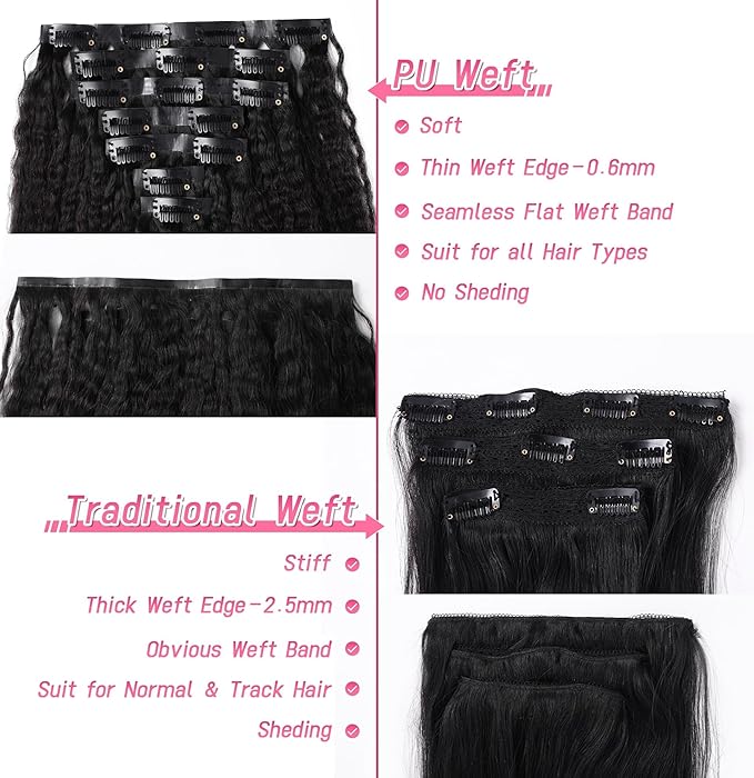 Essent Seamless Kinky Straight Clip in Hair Extensions Real Human Hair 16 Inch 7Pcs 130g Kinky Clip Ins Full Head Brazilian Remy Hair Extensions for Natural Black Double Weft Clip In