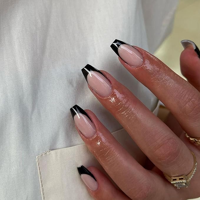 30Pcs Black French Tip Press on Nails Short Coffin Nails Press ons, Short Fake Nails T Shaped Acrylic French Glue on Nail False for Women, Natural Stiletto15 Sizes
