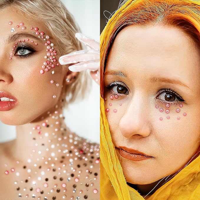 975Pcs Face Gems Hair Gems, Self-Adhesive Face Jewels Eye Jewels Rhinestones 3/4/5/6 mm DIY Face Gems Stick on, Hair Body Rhinestones Gems Crystals Pearls for Face Makeup, Crafts (Pearl_Pink)