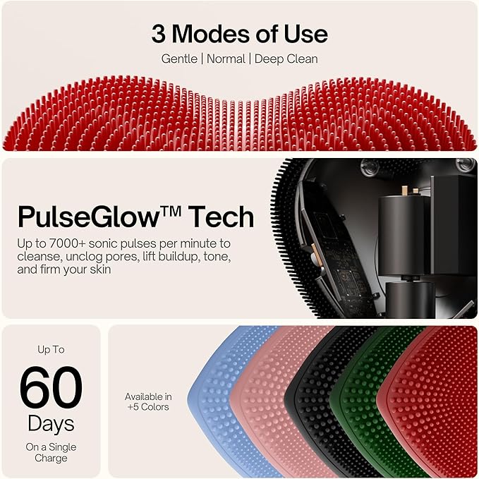 Heart Face Clean Pro⁺ Electric Facial Cleansing Brush - Silicone Facial Scrubber for Acne - IPX7 Waterproof, Rechargeable Exfoliator with Slip-Free Grip & 3 Speed Settings - Phthalate-Free - Cherry