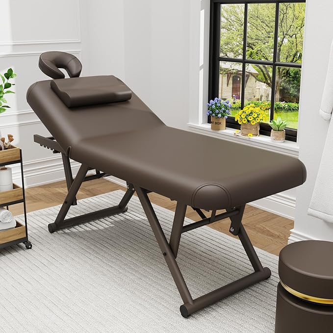 pouseayar Adjustable Massage Table with Face Pillow & Headrest, Sturdy and Solid, Silent and Easy to Adjust - Adjustable Backrest, Brown