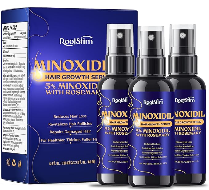 5% Minoxidil Hair Growth for Men and Women: 3-Pack RootStim Extra Strength Minoxidil with Rosemary for Thinning Hair Regrowth and Fuller Hair 180 ML