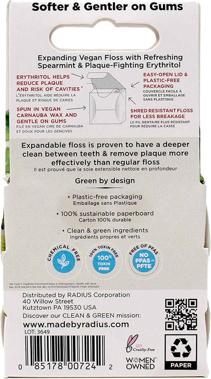 RADIUS Dental Floss, Sponge Floss, Vanilla Mint, 55 Yards, Vegan & Non-Toxic Oral Care Designed to Help Fight Plaque, Pack of 2