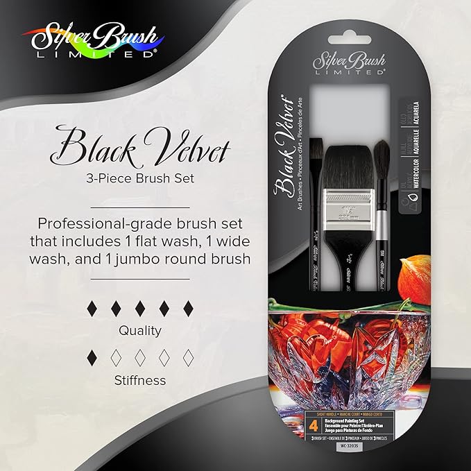 Silver Brush Limited WC-3203S Black Velvet Background Painting Set, Premium Paintbrushes for Watercolor, Gouache, Inks & Dyes, Set of 3, Flat Wash, Wide Wash, and Small Jumbo Round Brush, Short Handle