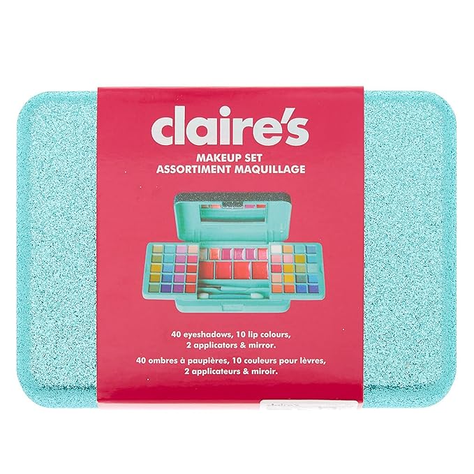 Claire's Kids Makeup Set Little Girls Mini Mint Glitter Travel Makeup Set With Mirror for Girls, Cute Eyeshadows, Lip Glosses and Applicators Makeup Palette Play Make Up Kits
