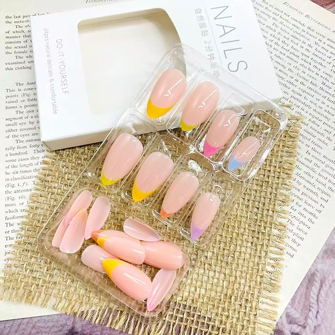 Fall French Tip Press on Nails Medium Almond False Nails With Colorful French Tip Design Full Cover Glue on Nail Reusable Colorful Acrylic Fake Nails Glossy Artificial Stick on Nail for Women