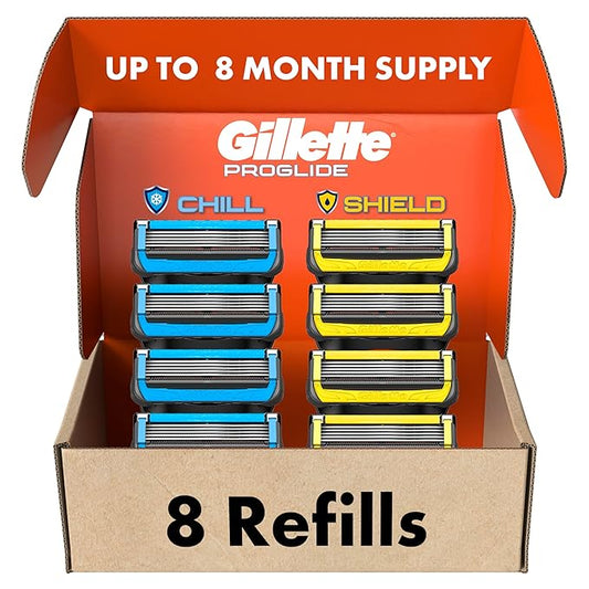 Gillette Mens Razor Blade Refills, 4 ProGlide Chill Cartridges, 4 ProGlide Shield Cartridges, Shields against Skin Irritation, Cools to sooth skin, 8 Count (Pack of 1)