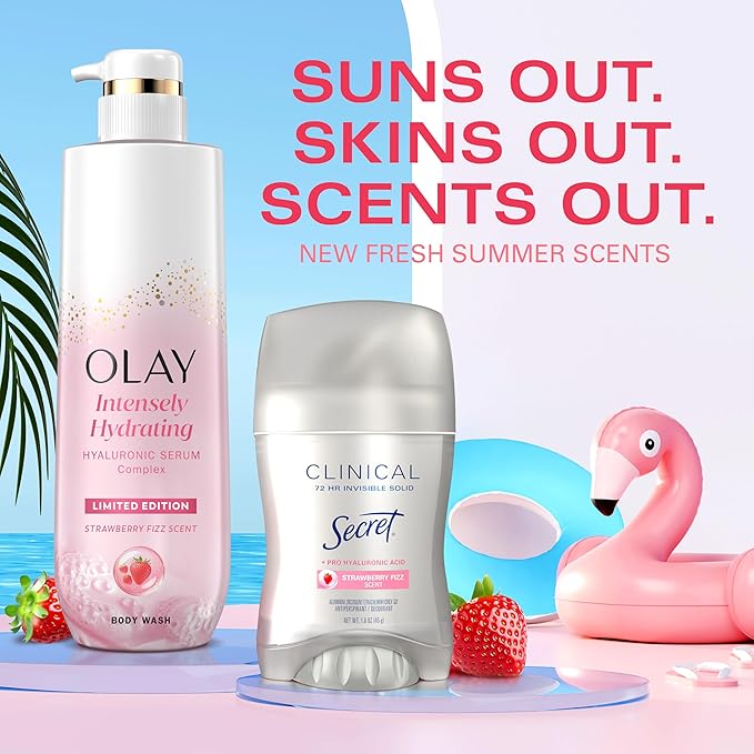 Olay Body Wash for Women, Intensely Hydrating, Pro-Hyaluronic Acid Serum Complex, Renews Moisture, Vitamin B3 Lameller Technology, For All Skin Types, Strawberry Summer Fizz Scent, 20 fl oz