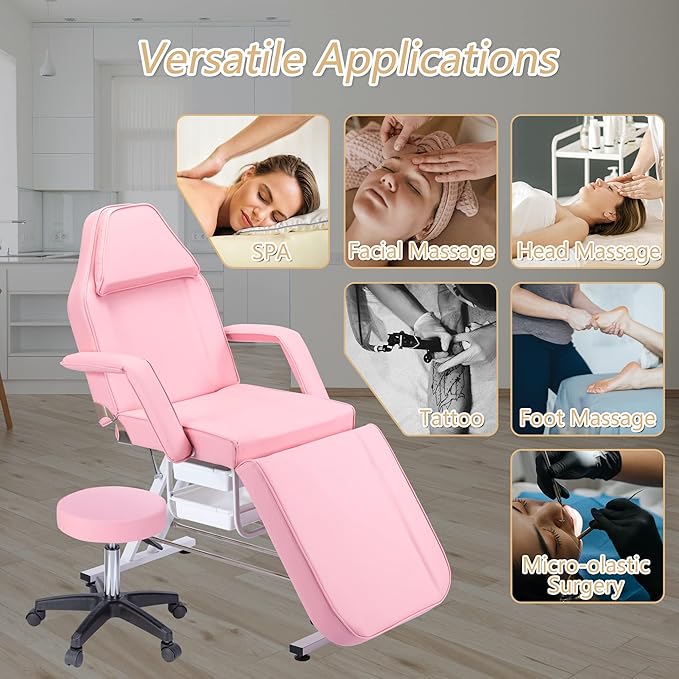 Tattoo Chair Facial Bed with Two Trays Esthetician Bed Adjustable Folding Salon Bed with Hydraulic Stool Massage Bed for Professional Massage Facial Lash Beauty Treatment Spa,Pink