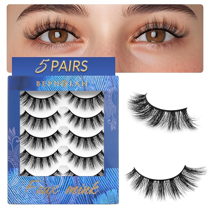 Bepholan False Eyelashes Natural Look Wispy 3D Super Fluffy False Lashes Volume Cat Eye Lashes 5 Pairs Faux Mink Lashes (DV05)