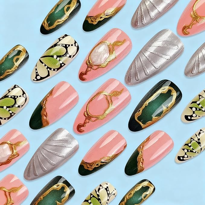 Press on Nails Almond Fake Nails Green Butterfly False Nails with Gold Line Design Medium French Acrylic Nails Glossy Glue on Nail Press ons for Women Manicure 24Pcs