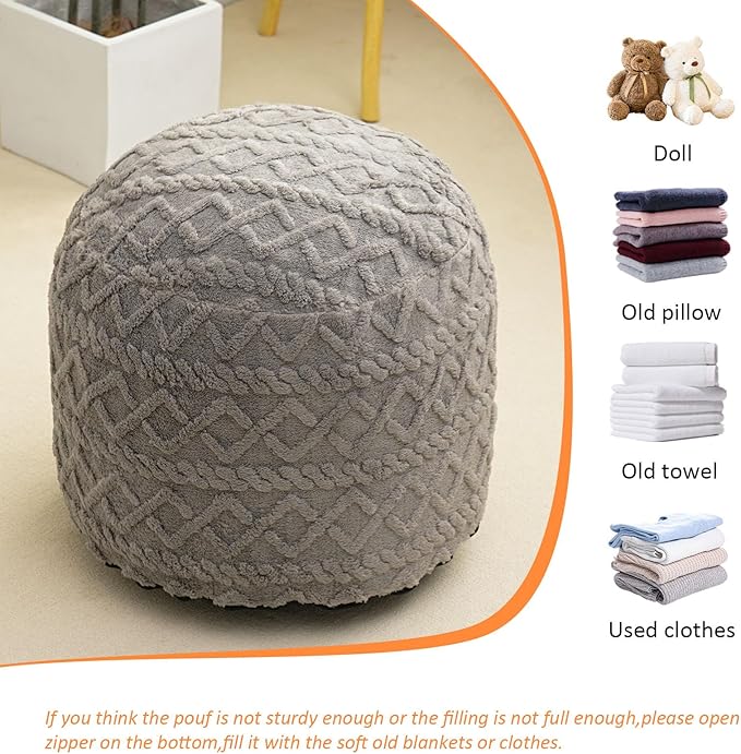 Round Stuffed Pouf Ottoman for Foot Rest, Faux Fur Poufs with Foam Chunk Filling, Storage Ottoman Pouf Foot Stool Cushion, 20 X 15 InchFloor Poufs Foot Rest for Living Room Bedroom Home Decor (Grey)