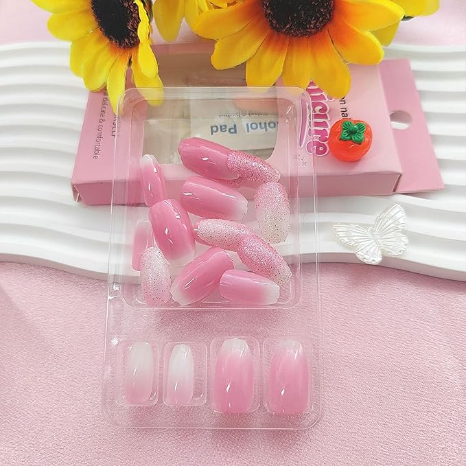 Spring Press on Nails Short Coffin Fake Nails with Glitter Designs White Pink Ombre Nails Press ons Glossy Glue on Nails Cute Acrylic Nails Artificial False Nails Stick on Nails for Women 24Pcs