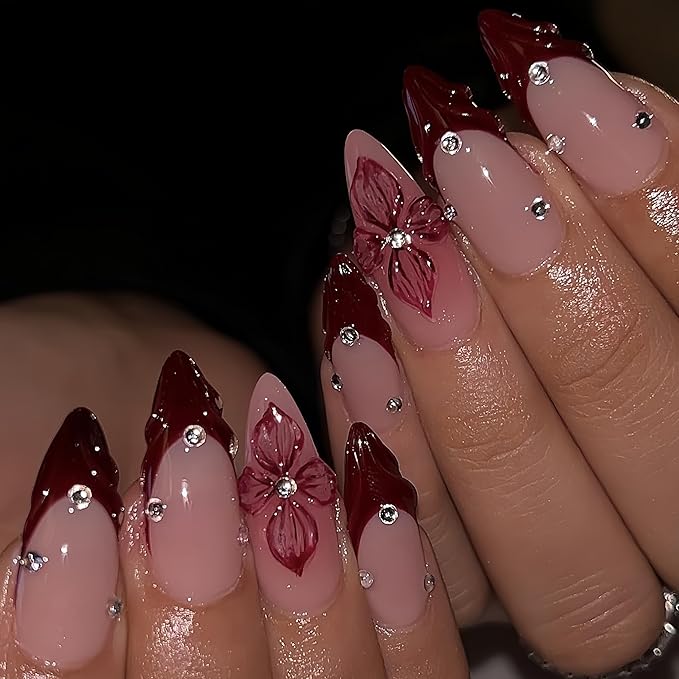 24Pcs Red French Tip Press on Nails Almond Medium Fake Nails 3D Flowers Cute False Nails with Designs Acrylic Nails Floral Rhinestone Stick on Nail Autumn Winter False Nails Artificial Nail for Women