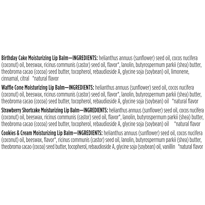 Burt's Bees Lip Balm Party Pack - Birthday Cake, Waffle Cone, Strawberry Shortcake, and Cookies & Cream, All Day Moisturizer, Tint-Free, Natural Origin Conditioning Lip Treatment, 4 Tubes, 0.15 oz.