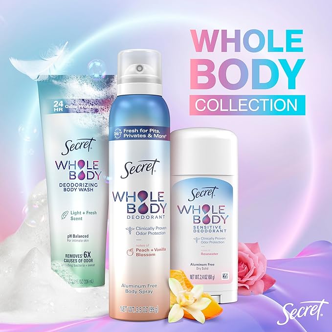 Secret Whole Body Deodorant Dry Feel Stick + Absorbs Sweat for Women, Naturally Derived Ingredients, Completely Clean Scent, Aluminum Free Deodorant Stick, 72 HR Odor Protection, 2.4 oz