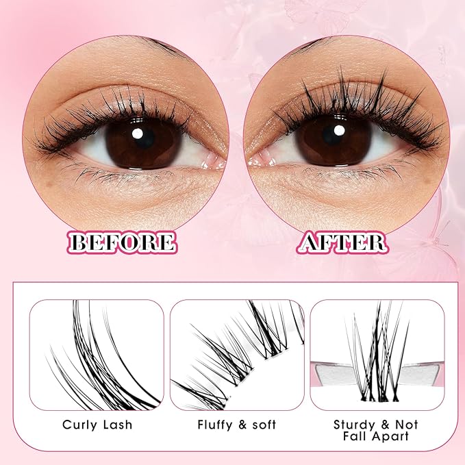 FADLASH Cluster Lashes Fluffy DIY Lash Extensions 2 Pairs Cat Eyed Individual Eyelash Clusters Wispy Sweetheart Curly Cluster Eyelash Extensions Reusable（WJ26+S1-TP03)