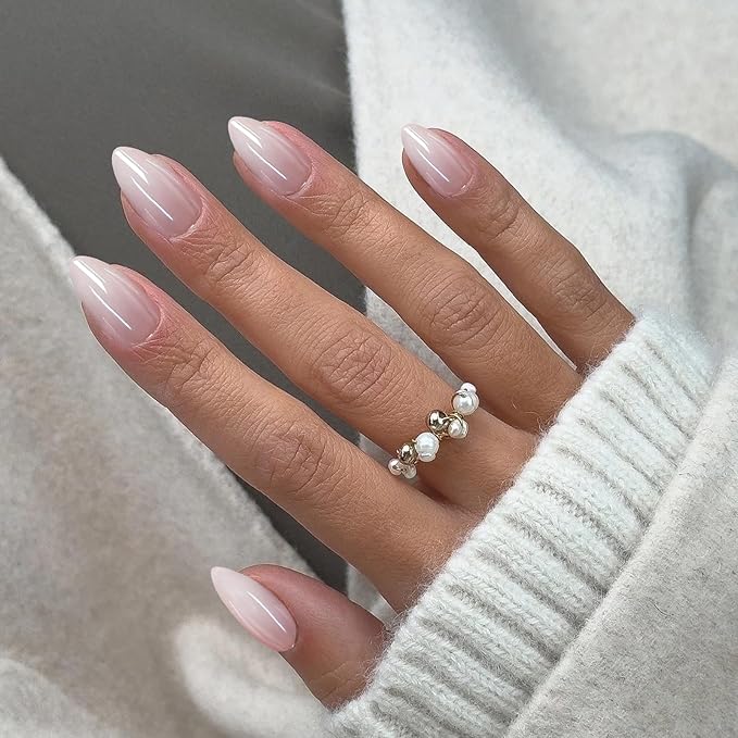 Press On Nails Short Almond Ombre Pink Fake Nails with Chrome Glossy 15 Size in 30 Nail Tips Kit with Nail Glue Remover,Glue On Nails for Busy Mom