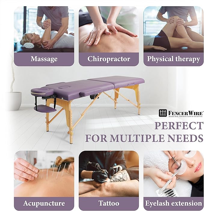 Fencer Wire 84 Inch Premium Memory Foam Massage Table, Foldable Massage Bed, Height Adjustable Spa Bed, Facial Cradle Salon Bed Wooden Legs & Carry Case, Purple, 28 Inch Wide