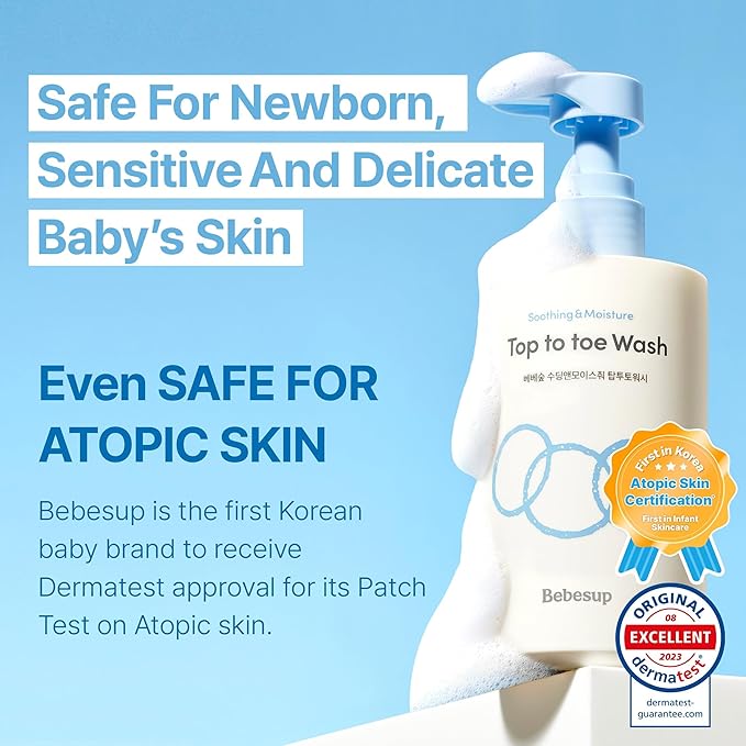 BEBESUP- Head to Toe Wash Baby Shampoo | Korean Skincare for Sensitive & Atopic Skin Organic Rice Cera Biome Hypoallergenic Coconut-Derived Cleanser Head to Toe Use 10.14 fl oz