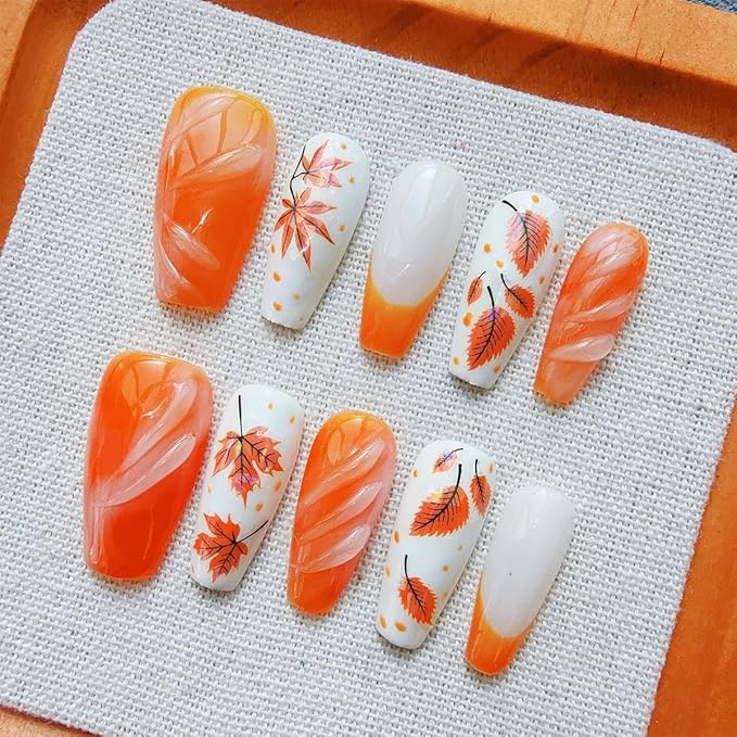 30Pcs Fall Press on Nails Medium Coffin Fake Nails Autumn Red Maple Leaf False Nails with Designs Gradient French Tip Stick on Nail Full Cover 3D Thanksgiving Manicure Decorations for Women