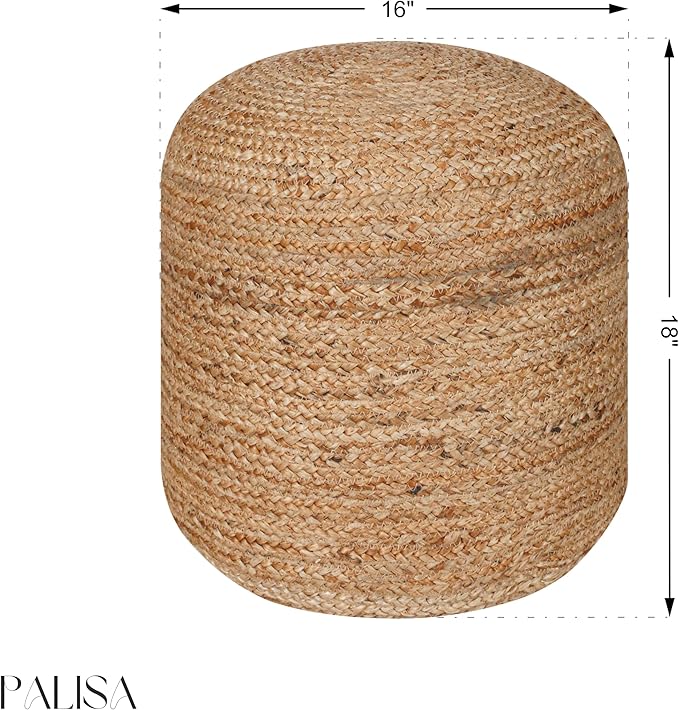 Palisa Jute Pouf Ottoman - Natural, Stuffed Boho Foot Rest Stool for Couch, Living Room, Kids Bedroom, Outdoor Patio Seat | Farmhouse Braided Accent Chair Pouffs - 16x16x18 Inches