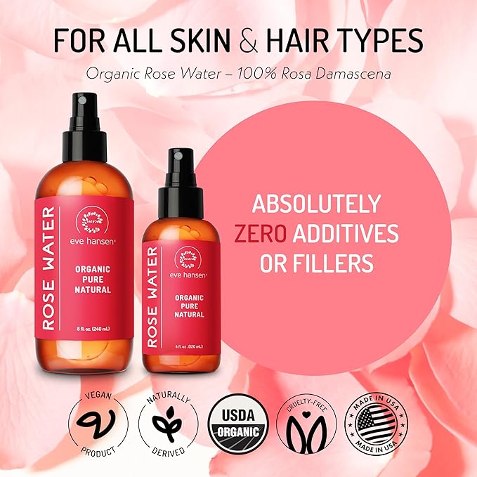 Eve Hansen Organic Rose Water Spray for Face | Huge 8 oz Moroccan Rosewater Face Toner and Makeup Setting Spray | Soothing Neck and Face Mist to Reduce Eye Puffiness, Dark Circles and Redness
