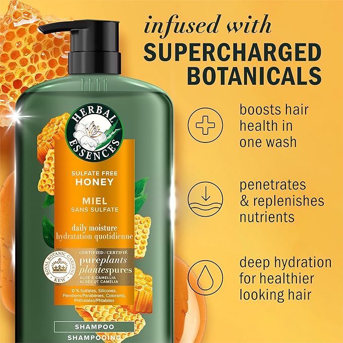 Herbal Essences Sulfate Free Shampoo with Honey for Daily Moisture, Nourishes Dry Hair, Moisturizing Shampoo with Certified Camellia Oil and Aloe Vera, Lightweight For All Hair Types, 33.8oz