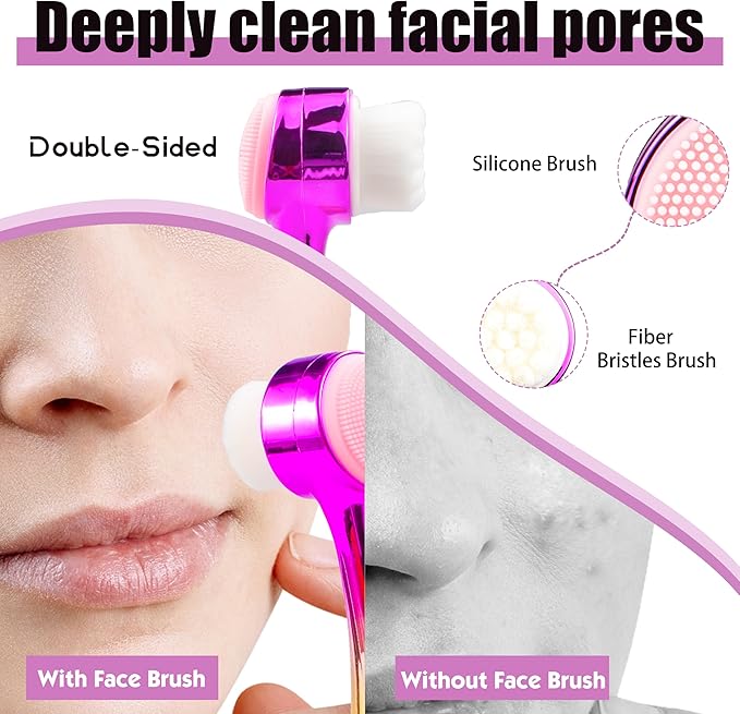 Facial Cleansing Brush 2 in 1Double-Sided Facial Cleaning Brush with Soft Bristles for Deep Pore Exfoliation, Wash Makeup, Massaging (Gold&Pink 4PCS)
