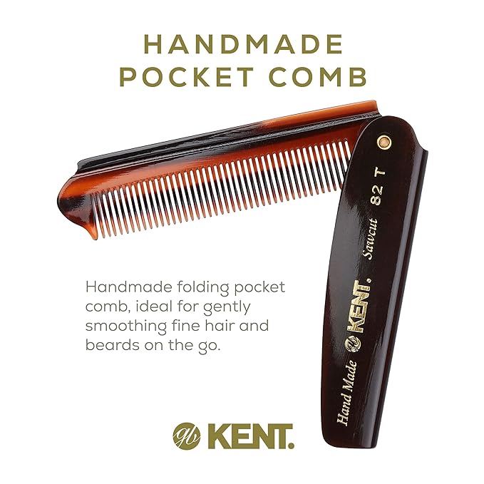 Kent 82T Handmade Folding Pocket Comb for Men, Fine Tooth Hair Comb Straightener for Everyday Grooming Styling Hair, Beard or Mustache, Use Dry or with Balms, Saw Cut Hand Polished, Made in England