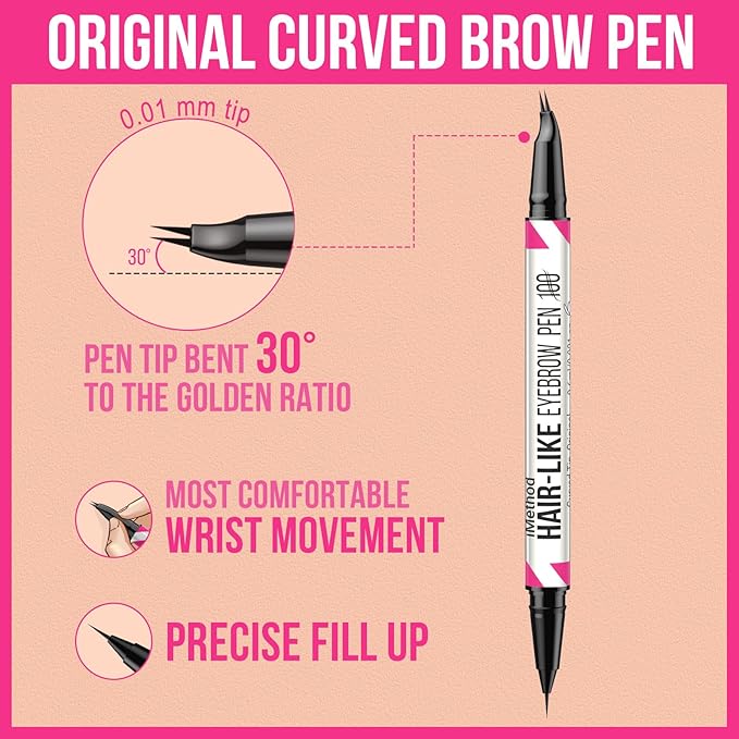iMethod Curved Eyebrow Pen - 2-in-1 Dual-Ended Eyebrow Pencil with Curved Tip and Precise Brush-Tip, Microblading Pen for Natural Brows, Dark Brown