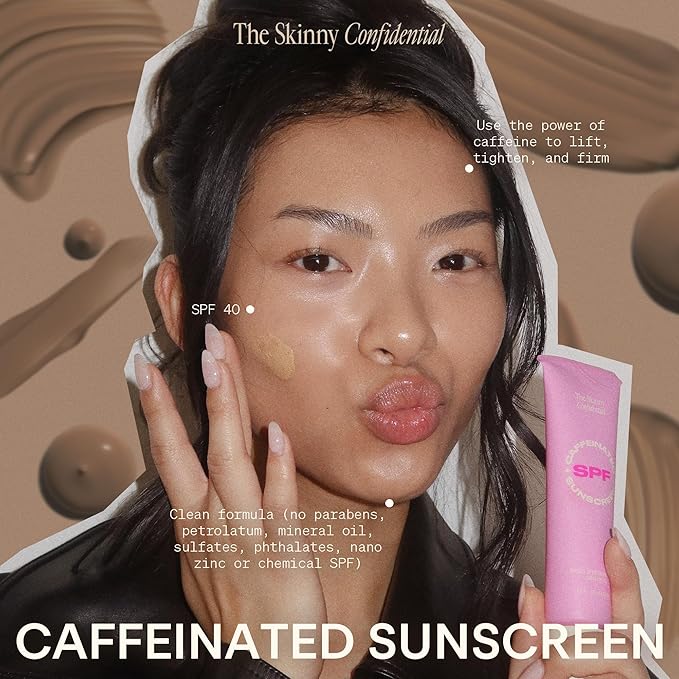 The Skinny Confidential Caffeinated Mineral Sunscreen, SPF 40 - Fragrance-Free Face Sunscreen with No White Cast - Non-Greasy & Lightweight Sun Screen Lotion Reduce Wrinkles, Redness & Puffiness