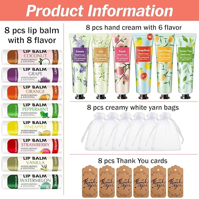 AZEN 8 Sets Bulk Gifts, Hand Cream and Lip Balm Bulk Set with Organza Bag Thank You Card, Baby Shower Wedding Gifts for Guests, Bridal Wedding Favors for Guests,Thank You Gifts for Women