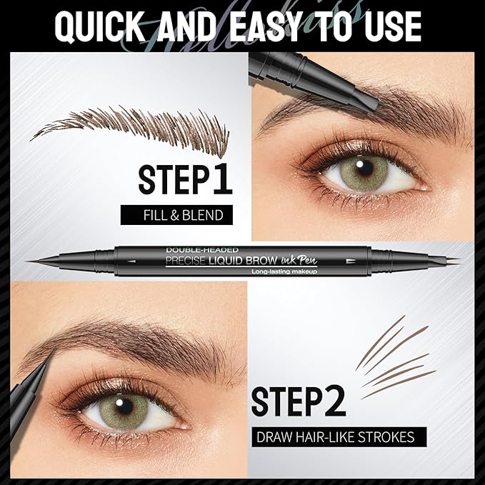 Curved Microblading Eyebrow Pen, Eyebrow Pencil 2-in-1 Dual-Ended Eyebrow Pencil 2-Fork-Tip and Single Tip Creates Natural Eyebrows Waterproof Long-lasting(Dark Brown)