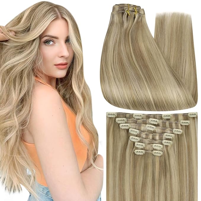 Full Shine 24 Inch Clip in Hair Extensions Real Human Hair Blonde Highlight Seamless Human Hair Clip in Extensions Dirty Blonde Mix Light Blonde Double Weft Real Hair Extensions 7 Pcs 120 G