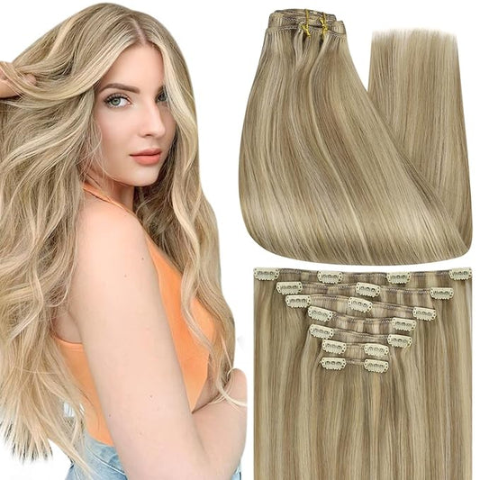 Full Shine Blonde Hair Extensions Clip ins 18 Inch Human Hair Clip ins Golden Blonde Highlight Extensions for Women Real Hair for Festivals 120 G 7 Pcs
