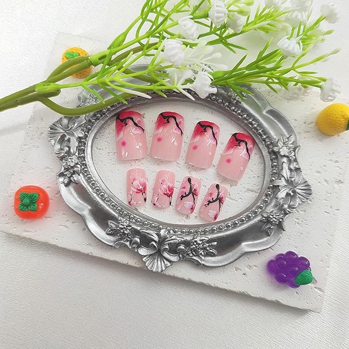 Spring Press on Nails Medium Square Fake Nails with Floral Designs Pink Nails Press ons Glossy Glue on Nails Cute Acrylic Nails Daily Wear Nature False Nails Artificial Stick on Nails for Women 24Pcs
