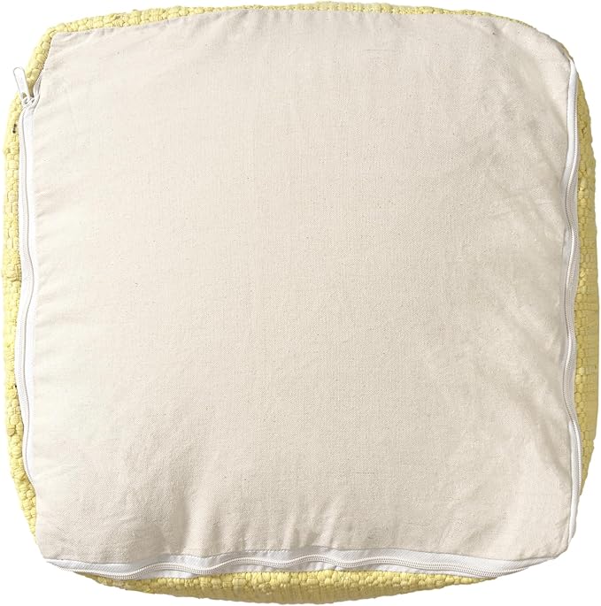 LR Home Dusky Citron Bordered Transitional Hand-Loomed Cotton Pouf with Jute Braid | Farmhouse Cube Foot Rest for Bedroom & Living Room Decor | 18 x 18 x 18 Stuffed Ottoman for Seating