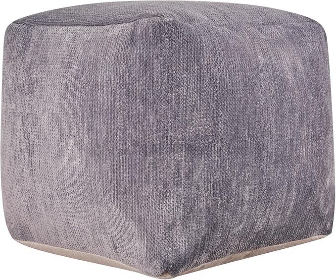 LR Home Contemporary Solid Square Indoor Medium Pouf Ottoman, Frost Gray | Hand-Made Power-Loomed Chenille Cube Pouf for Bedroom & Living Room Decor | 18 x 18 x 18 Stuffed Ottoman for Seating