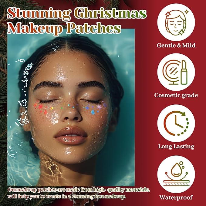 12Pcs Christmas Chameleon Glitter Freckles Face Tattoo, Holographic Multichrome Waterproof Glitter Speckles Patches, Long Lasting Temporary Tattoos Sticker Makeup for Christmas Party Makeup03