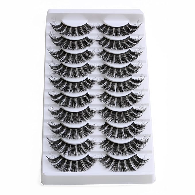 SUNWELL False Eyelashes 18mm Mink Lashes 8D Fluffy Faux Mink Lashes Dramatic Cat Eye Lashes Strips Soft Full Volume Fake Eyelashes 10 Pairs Pack