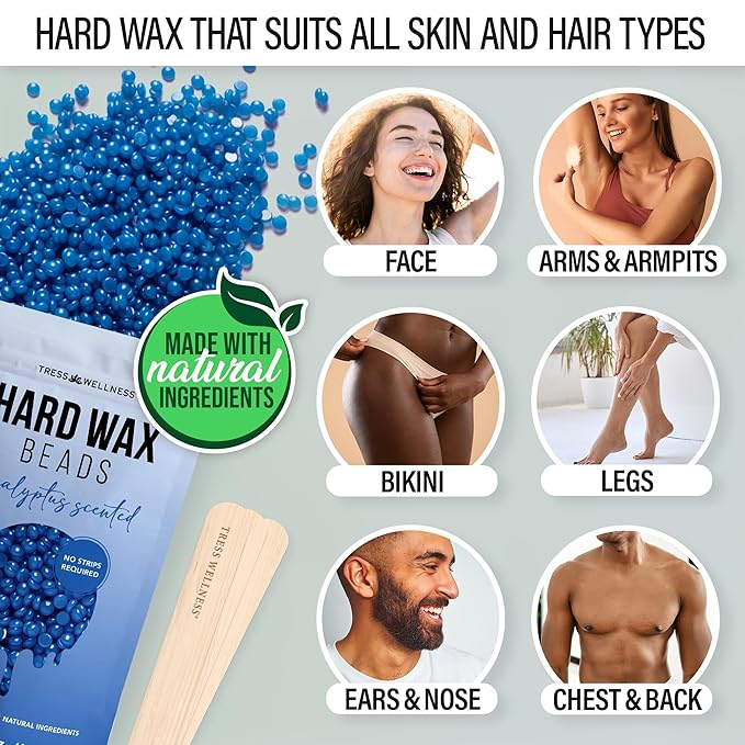 Tress Wellness Waxing Kit for Sensitive Skin – Safe for Face & Skin, Prep & Aftercare Spray, Easy to Use – At-Home Kit for Face, Bikini, Brazilian & Full Body - Digital Display, Green