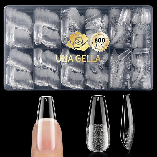 UNA GELLA Medium Coffin Nails Tips 600Pcs, Gel Nail Tips Coffin Pre Etched Press On Nails Fake Soft Gel Nail Tips For Nail Extension Ombre Stlye Art Home DIY Salon 12 Sizes