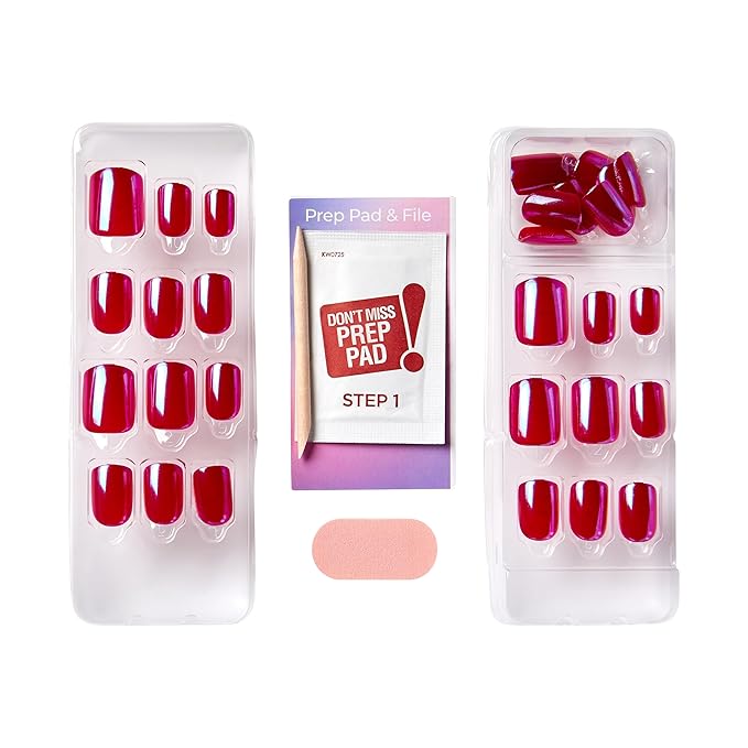 KISS imPRESS No Glue Mani Press On Nails, Color FX, 'This City', Dark Red, Short Size, Squoval Shape, Includes 30 Nails, Prep Pad, Instructions Sheet, 1 Manicure Stick, 1 Mini File