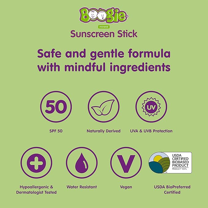 Baby Sunscreen Stick by Boogie, Mineral Sunscreen SPF 50, Travel Size Sunblock for Kids, FSA/HSA Eligible, Zinc Oxide, Water Resistant, Vegan, Fragrance Free, Pack of 1