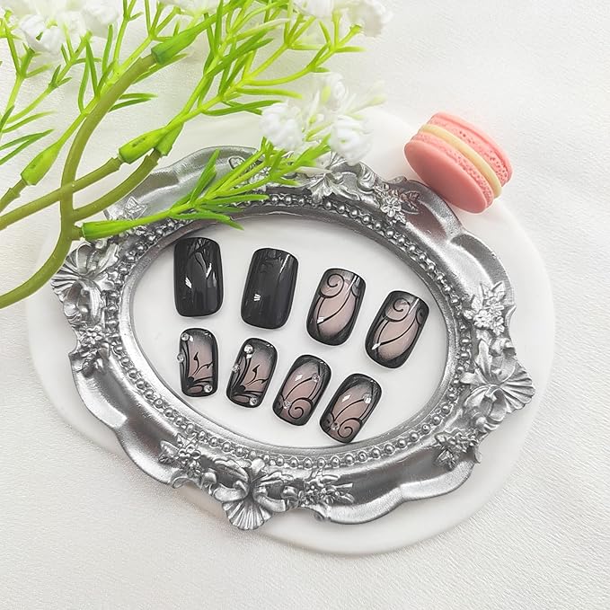 Black Press on Nails Medium Square Fake Nails with Black Vine Designs Acrylic Nails Press ons Glossy Glue on Nails Summer Acrylic Nails Artificial Stick on Nails for Women 24Pcs